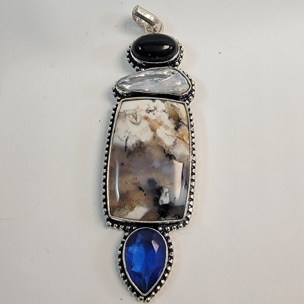 Necklace Pendants Dendritic Agate Onyx Pearl Handmade Jewelry in Silver Setting